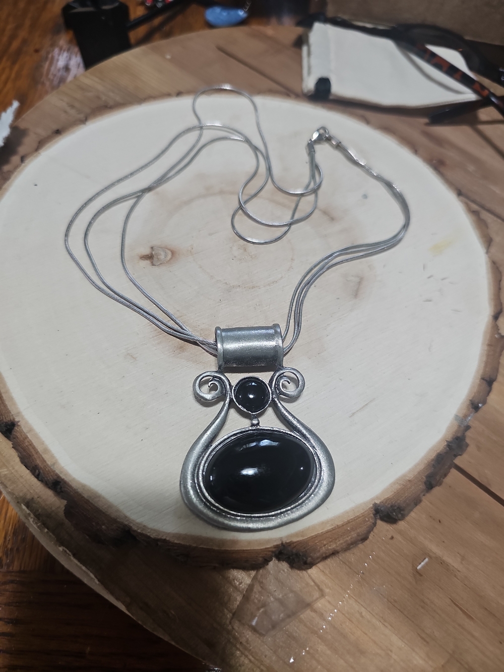 Silver-Tone Black Stone Pendant Necklace - Women Jewelry